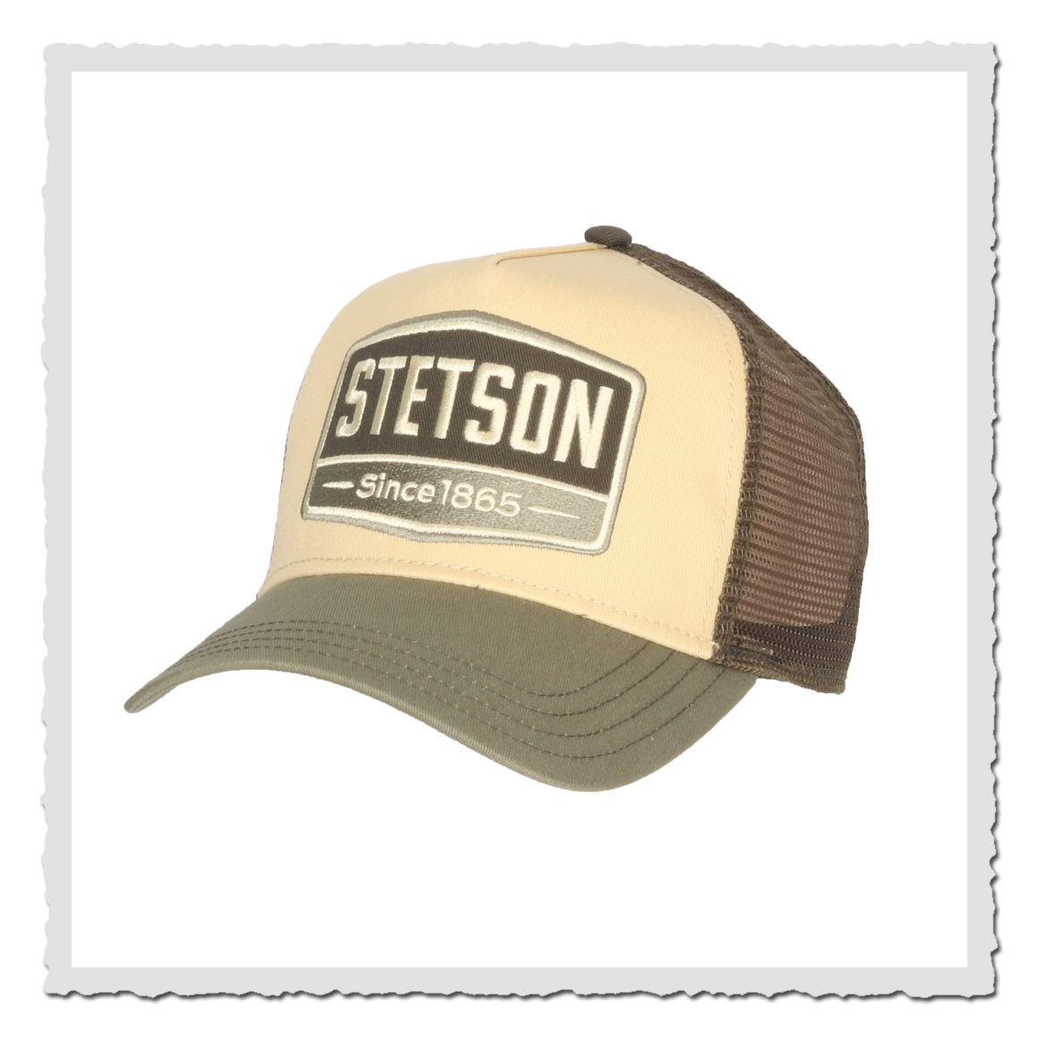 Stetson Trucker Cap Gasoline 7751107 57 in Beige-Oliv mit Logo-Patch und braunem Mesh-Einsatz